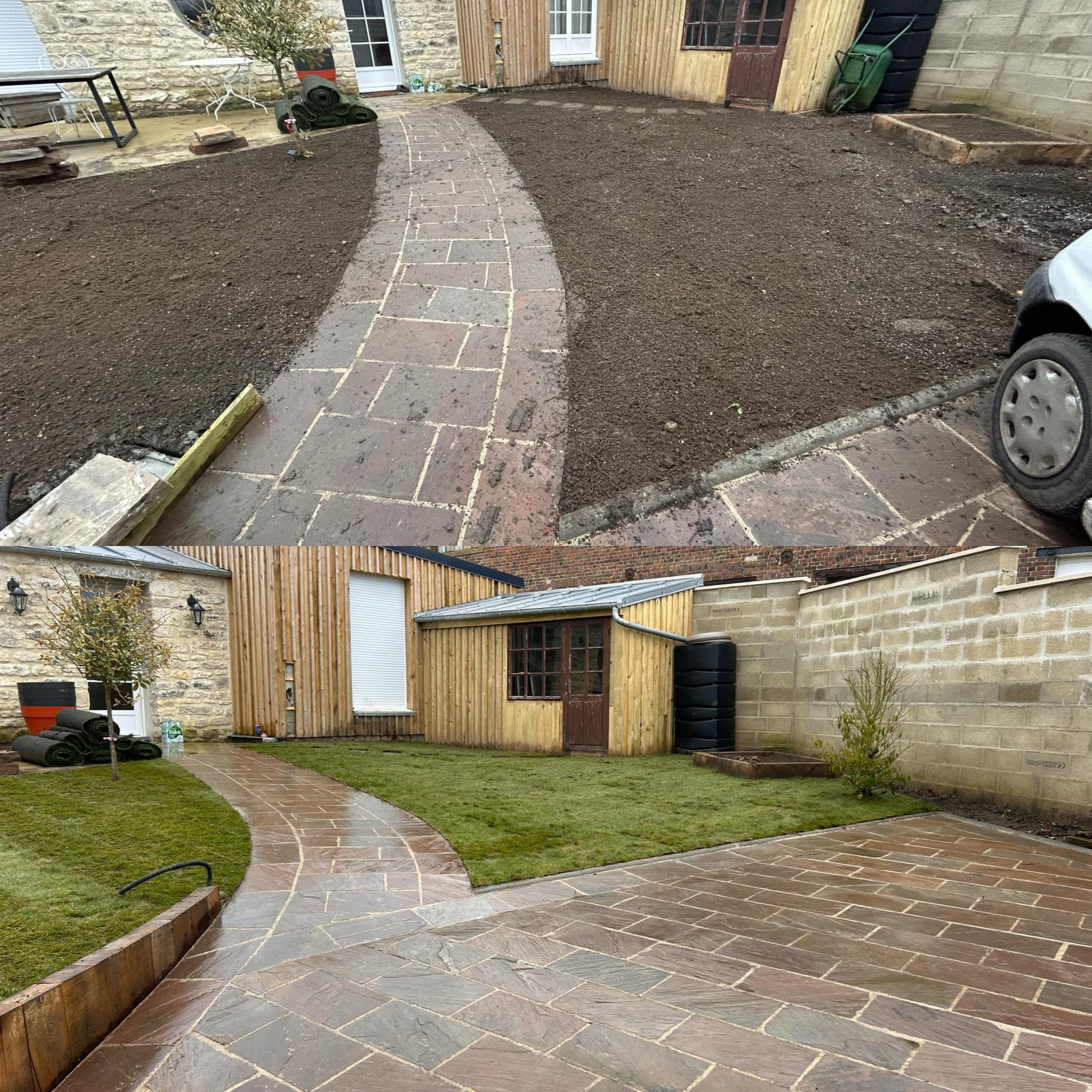 Terrasse en dalles et gazon